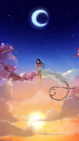 穿著白色連衣裙的女孩在日落時分漂浮在雲層中，下方是彎月。