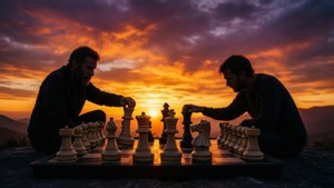 兩名男子在山脊上夕陽下下棋。 — 國際象棋 壁紙