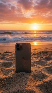 智能手機立於沙中，金色夕陽映照海浪