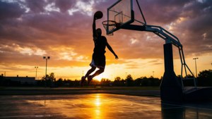 運動員在夕陽下的戶外球場灌籃