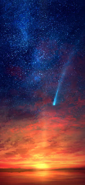 一顆發光的彗星在熾熱的日落地平線上的星空劃出一道弧線。