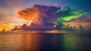 平靜海面上鮮豔的日落和極光，帶有色彩繽紛的雲彩倒影。