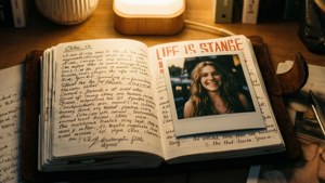 一本帶有手寫筆記和標題為「LIFE IS STRANGE」的微笑女子寶麗來照片的筆記本