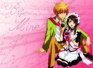 動漫情侶穿著女僕裝，在粉紅色背景上拿著帶有「Be Mine」文字的心形。