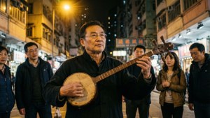 男子在夜晚繁忙的城市街道上演奏傳統樂器。 — 旺角 壁紙