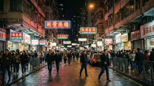 香港夜晚的街道，霓虹燈招牌和濕漉漉的路面反射燈光。