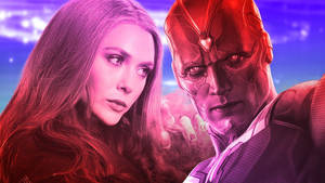 Wanda Maximoff 與 Vision 在紅色和紫色燈光下的緊張宇宙對峙。