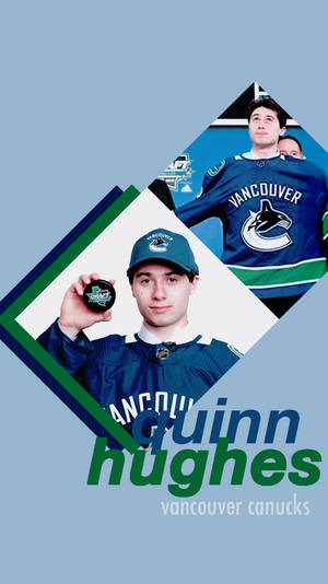 冰球運動員 Quinn Hughes 身穿溫哥華加人隊球衣，手持史丹利盃冰球。