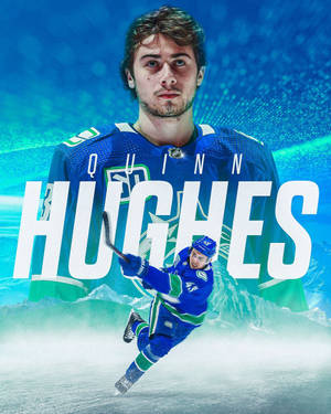 冰球運動員 Quinn Hughes 在冰上以球隊顏色和名字疊加進行比賽。