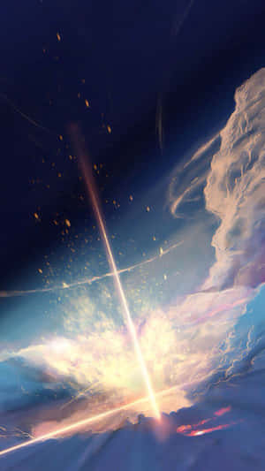 一道明亮的宇宙射線在戲劇性的暮色天空中劃過色彩繽紛的雲層。