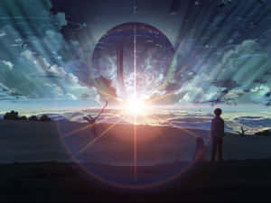兩個人看著一顆發光的行星在夢幻般的地平線上升起。