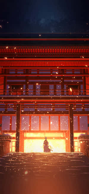 夜晚櫻花飄落下，發光神社前的武士剪影 — 日本武士 壁紙