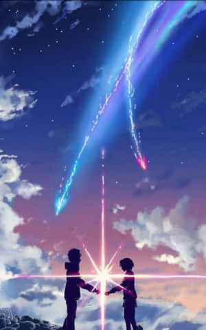 兩人在星光燦爛的暮色天空下，在發光的宇宙光束中牽手。
