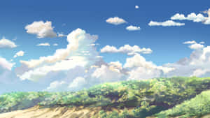 寧靜的動漫風格風景，有綠色森林和藍天白雲。