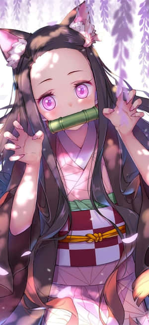 長著貓耳朵的動漫女孩在櫻花下拿著竹笛。 — iPhone Air 壁紙