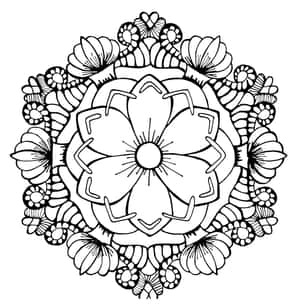 黑白花卉圖案曼陀羅，適合填色。