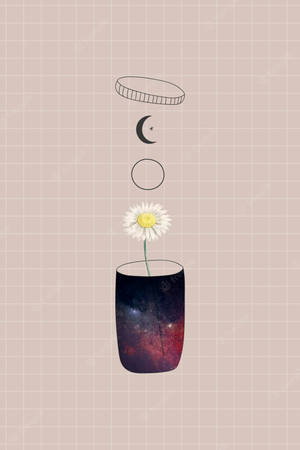 雛菊在銀河圖案花瓶中，帶有漂浮的月相和蓋子。 — 深紫色美學 GIF 壁紙