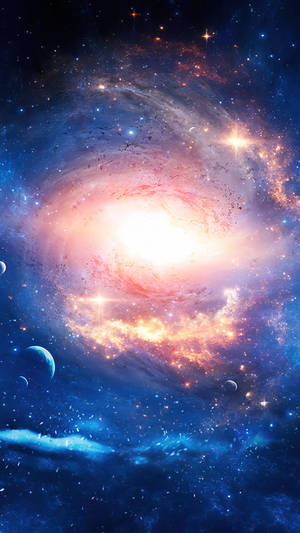 一個充滿活力的螺旋星系，在深空中擁有閃爍的星星和繞行軌道的行星。