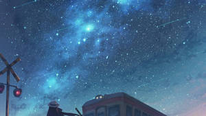 戴帽嘅人夜晚睇住火車上面嘅流星。
