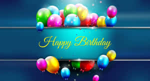 藍色背景上，色彩繽紛的氣球和閃爍星星圍繞的Happy Birthday橫幅。