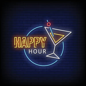 磚牆上帶有馬提尼酒杯的霓虹 happy hour 標誌