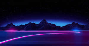 螢光發光線條在黑暗山脈和網格水上方的星空夜空中彎曲。