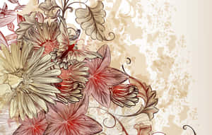 復古花卉插圖，帶有紅色和米色調，背景有紋理。