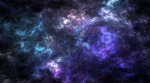 色彩繽紛的宇宙星雲，帶有旋轉的藍色和紫色雲層以及散落的星星。