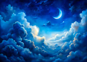 新月在繁星點點的夜空中穿過蓬鬆的雲層閃耀 — 藍色 壁紙