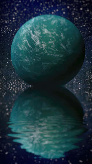 青色外星行星在星空背景下倒映於宇宙水中。