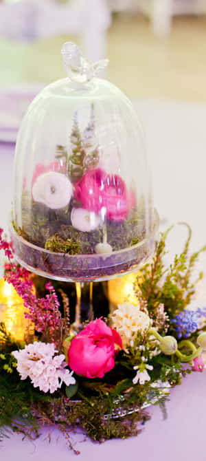一個帶有花朵和苔蘚的玻璃鐘罩放在花卉桌飾上。 — Pixel 9 壁紙