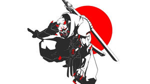 帶有紅色標記的動漫武士戰士，在紅太陽前持劍。