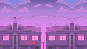 紫色調的城市屋頂，一隻鸛鳥在煙囪上，天空多雲。 — 粉紅動漫美學 壁紙
