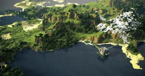 漂浮在方塊島嶼上的Minecraft豪宅，有山和水。 — 夢境 GIF 壁紙