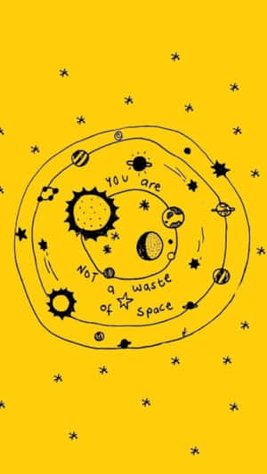 黃色背景上手繪太陽系，帶有行星和星星及勵志訊息。