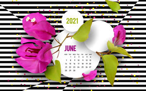 2021年6月日曆，以粉紅色花朵和綠葉裝飾在條紋背景上。
