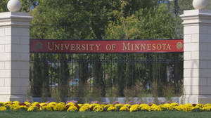University of Minnesota入口大門，配有黃色花朵和石柱。