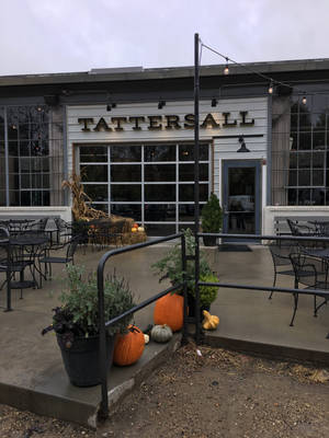 TATTERSALL 的戶外庭院，有南瓜、植物和燈串，天空灰暗。