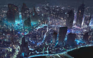 未來城市夜景，閃爍的霓虹燈和高聳的摩天大樓。