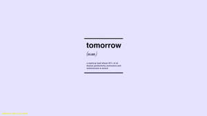 文字設計，在薰衣草背景上展示「tomorrow」一詞及其定義。