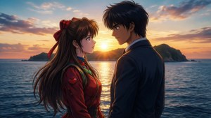 動漫情侶在海邊日落時分享溫柔時刻。 — 超時空要塞 壁紙