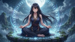 動漫女孩在漂浮的石頭上冥想，身後有發光的符文和滿月。