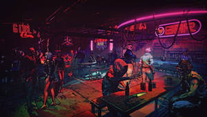 在昏暗的未來主義環境中，霓虹燈下的 cyberpunk 酒吧顧客。