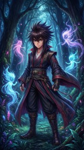 動漫戰士在魔法森林中被發光的靈魂包圍的夜景。