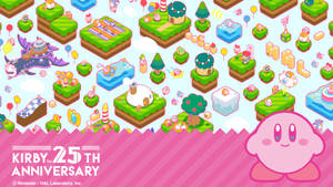 Kirby 25 週年慶祝，有浮島和可愛角色。
