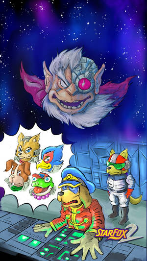 Star Fox 團隊在太空船駕駛艙中對抗太空中的巨型外星人首領。