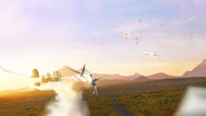 戰鬥機在日落山景上空進行空中纏鬥。 — 狐狸 壁紙