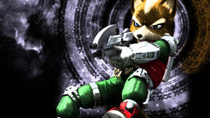 Fox McCloud 在太空螺旋背景下瞄準槍械 — 狐狸 壁紙