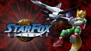 Fox McCloud 身穿太空服，在星際戰機旁瞄準武器，背景有行星和遊戲標題。 — 狐狸 壁紙
