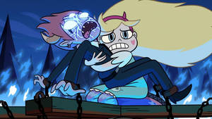 Star Butterfly 在夜晚的黑暗森林中與一個發光的怪物戰鬥。